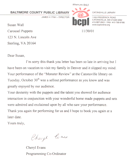 Letter from Catonsville Library