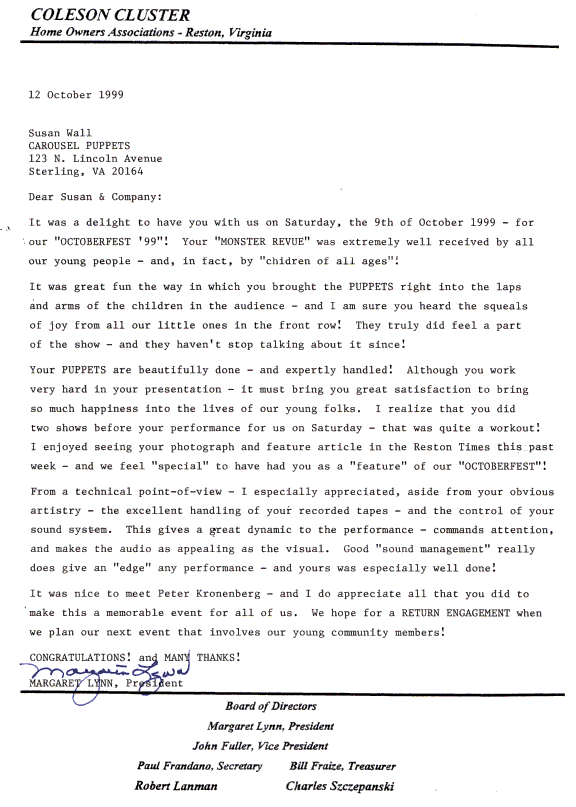 Letter from Coleson Cluster Association