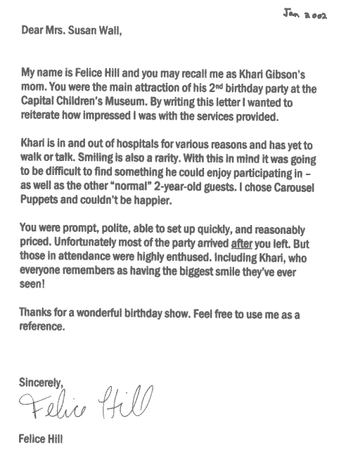 Letter from Felice Hill